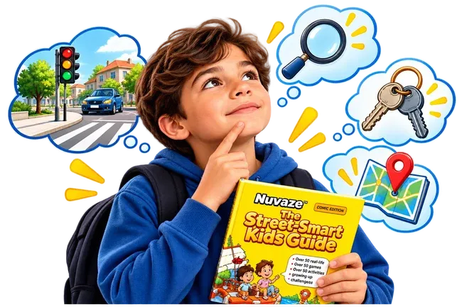 A child in a blue hoodie holds a yellow Nuvaze 'The Street Smart Kids Guide' book, surrounded by illustrated thought bubbles showing a street scene, a magnifying glass, keys, and a map pin on a white background.