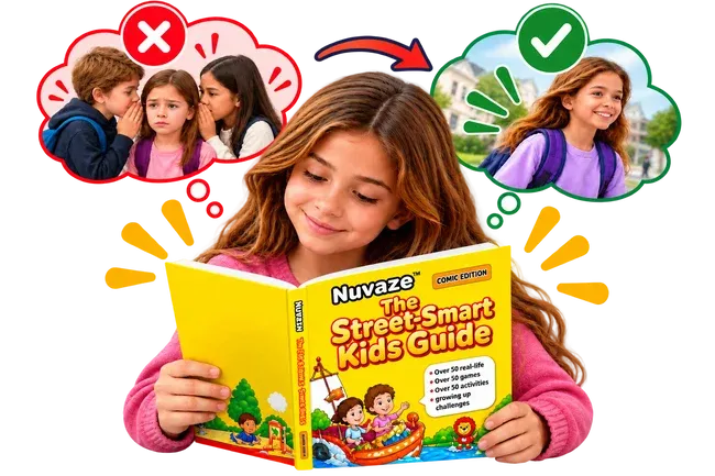 A young girl with long brown hair reads a bright yellow book titled 'Nuvaze The Street-Smart Kids Guide' against a white background. Two thought bubbles surround her: one with children whispering and a red X, and one with a smiling girl and a green checkmark.