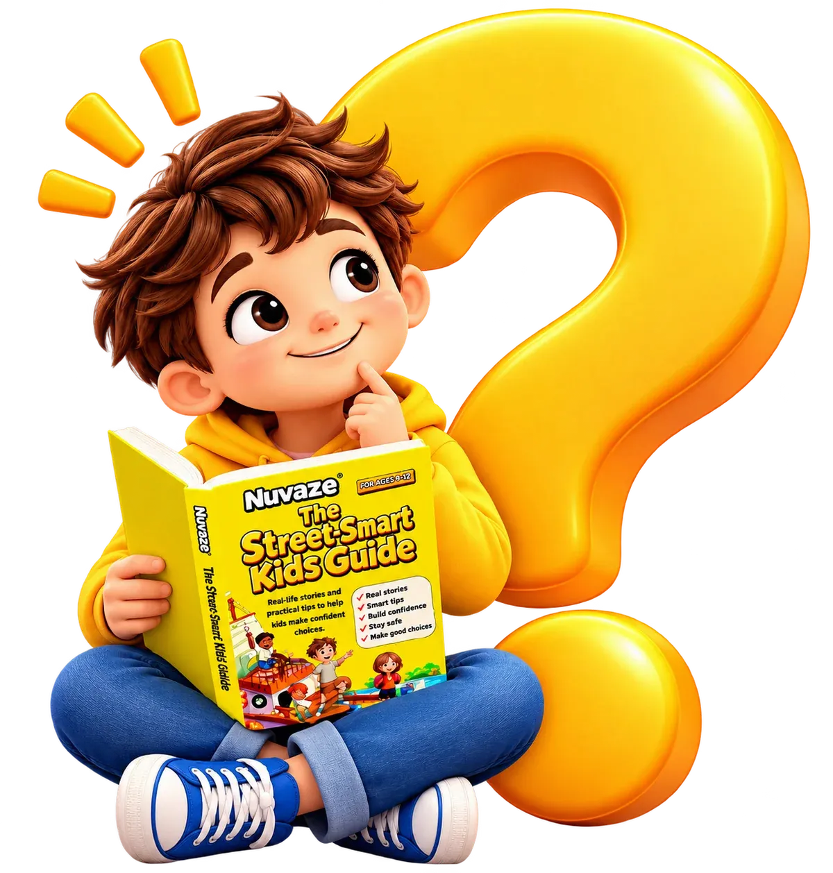 A cartoon-style child with brown hair sits cross-legged and reads a bright yellow book titled "Nuvaze The Stress-Smart Kids Guide." The child wears a yellow hoodie, blue jeans, and blue sneakers.