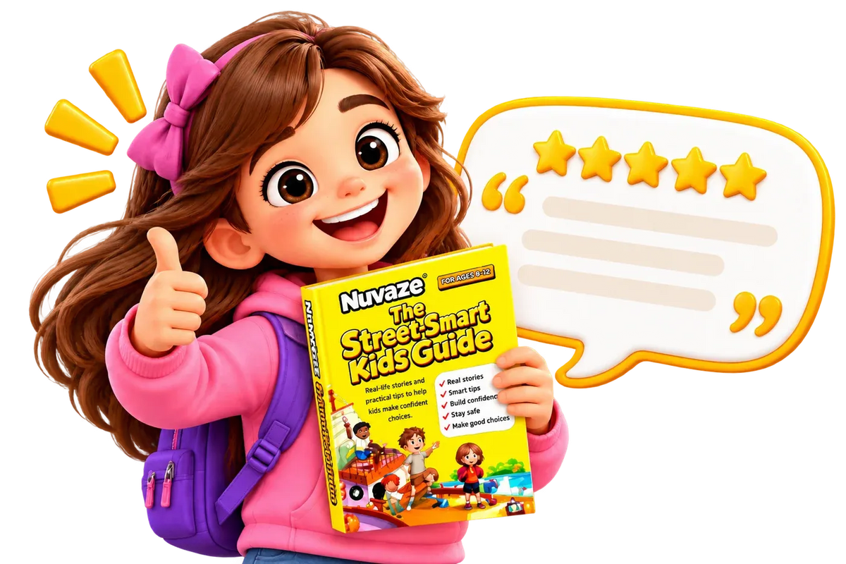 A cartoon-style girl with brown hair, a pink bow, and a purple backpack holds a yellow book titled "Nuvaze The StreetSmart Kids Guide" while giving a thumbs-up. A large speech bubble with five yellow stars appears beside her on a plain white background.