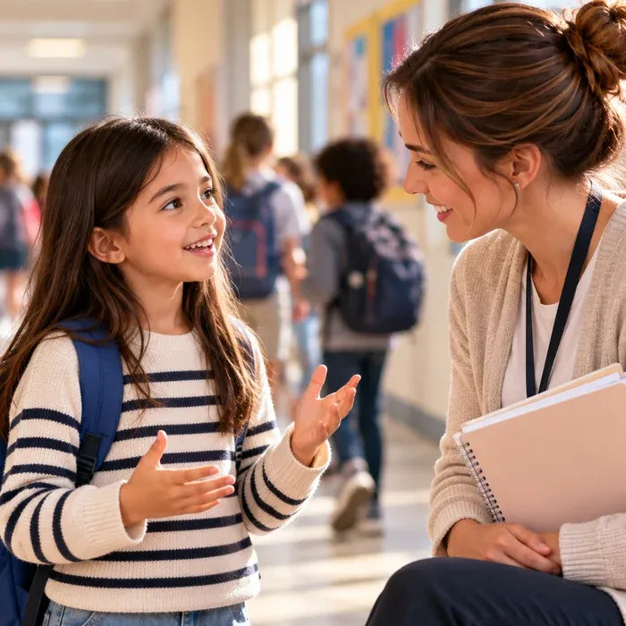 A young girl with a blue backpack smiles and gestures while talking to a smiling female teacher in a brightly lit school hallway.