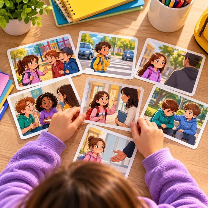A child's hands and head are visible as they arrange illustrated cards on a wooden desk. The cards show cartoon children and adults in school-like scenes.