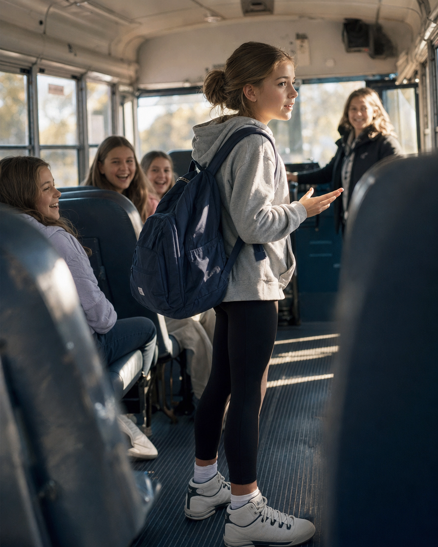 A child joining a busy school lunch table
