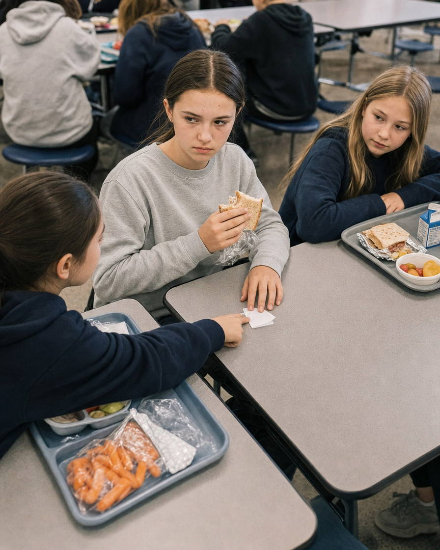 Two schoolchildren having a quiet conversation